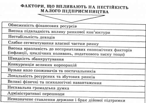 фактори, що впливають на нестійкість малого підприємництва