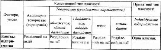 порівняльні характеристики підприємств у залежності від типів власності