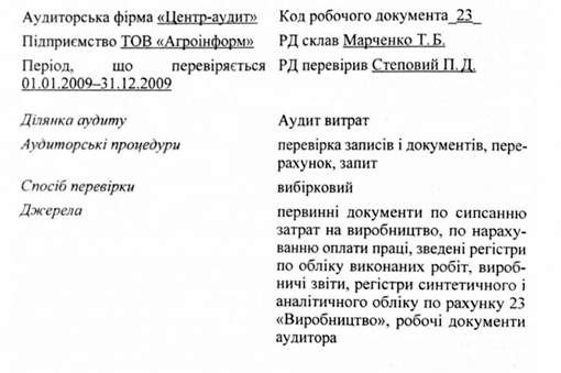 перевірку правильності формування собівартості виробленої продукції, наданих послуг чи виконаних робіт доцільно відобразити у робочому документі наступного виду