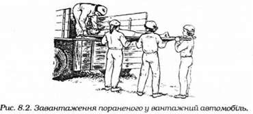 завантаження пораненого у вантажний автомобіль 