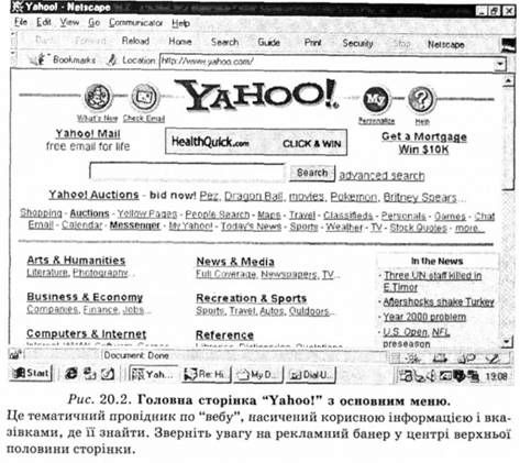 головна сторінка yahoo з основним меню 